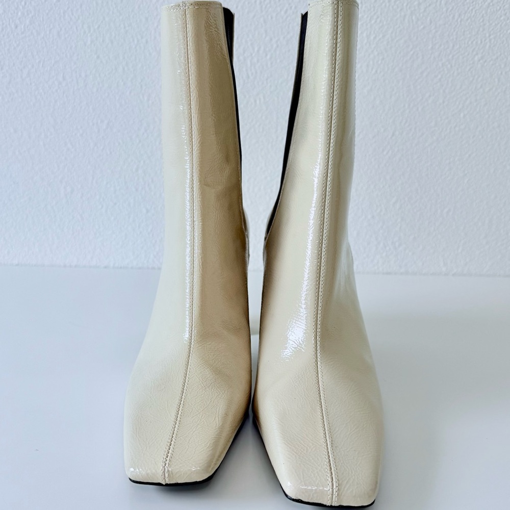 Zara Patent Square-Toe Heeled Ankle Boots-Ecru-Women’s Size 9 Vegan - Picture 3 of 14